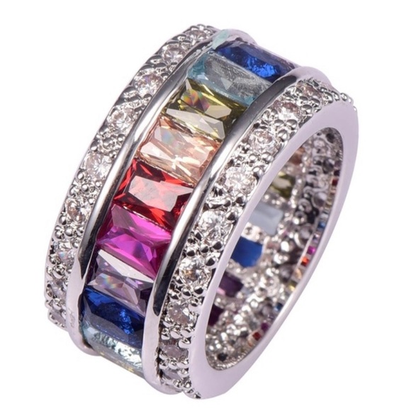 STERLING SILVER RAINBOW CUBIC ZIRCONIA RING - Picture 2 of 5